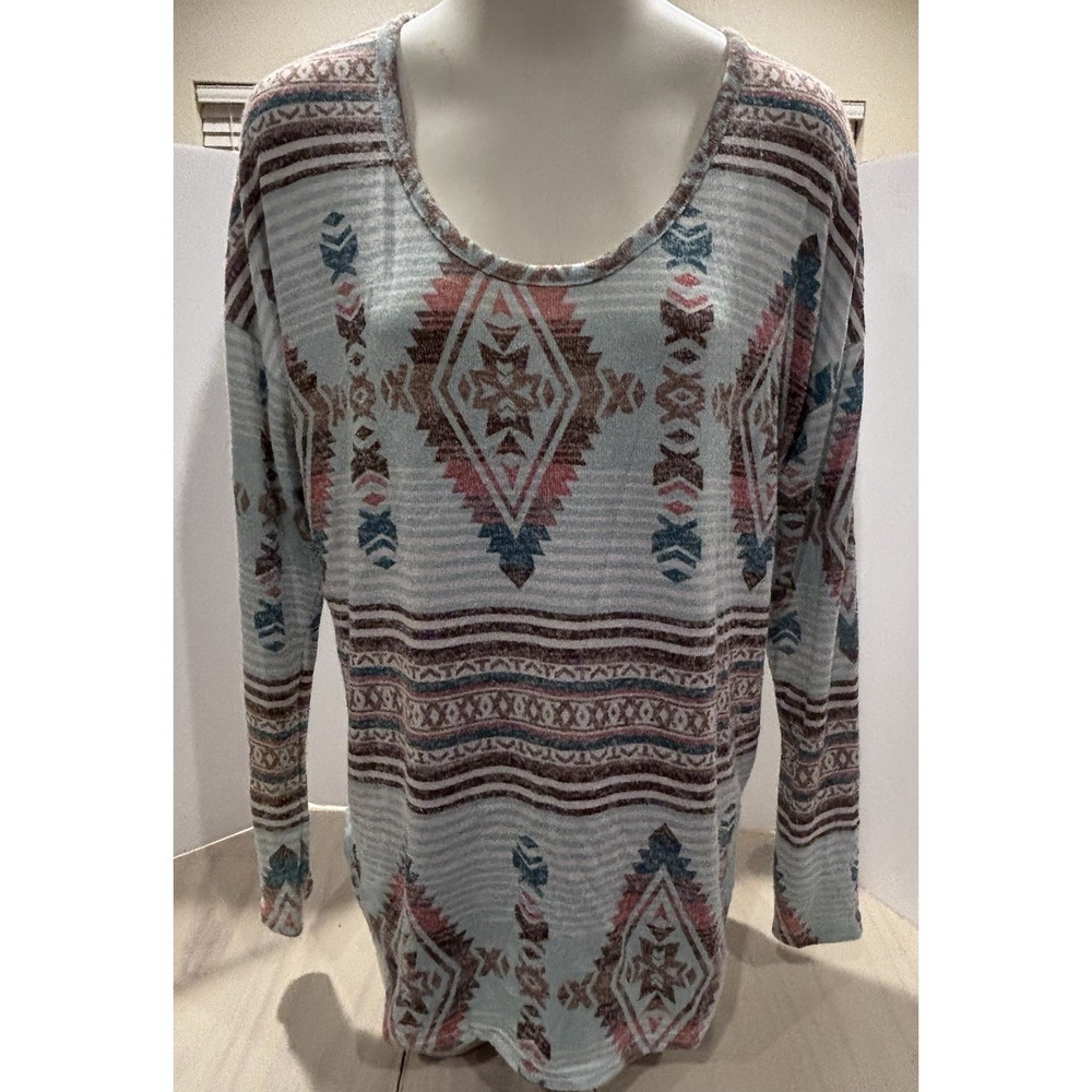 Panhandle Women Sz M Multicolor Knit Long Sleeve Top Blouse Aztec Western EUC‎